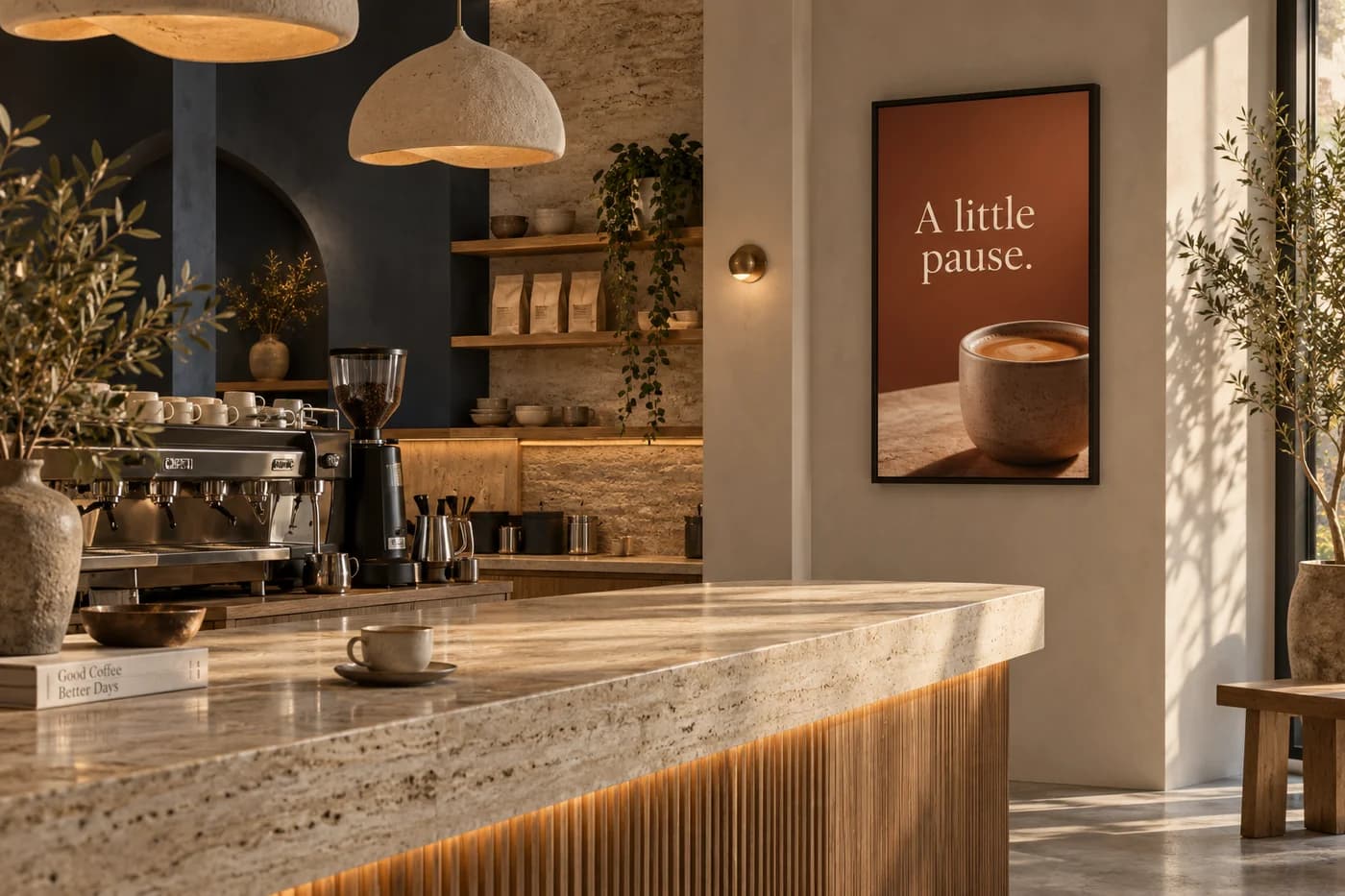Illustrative café interior with a digital display showing a warm coffee campaign.